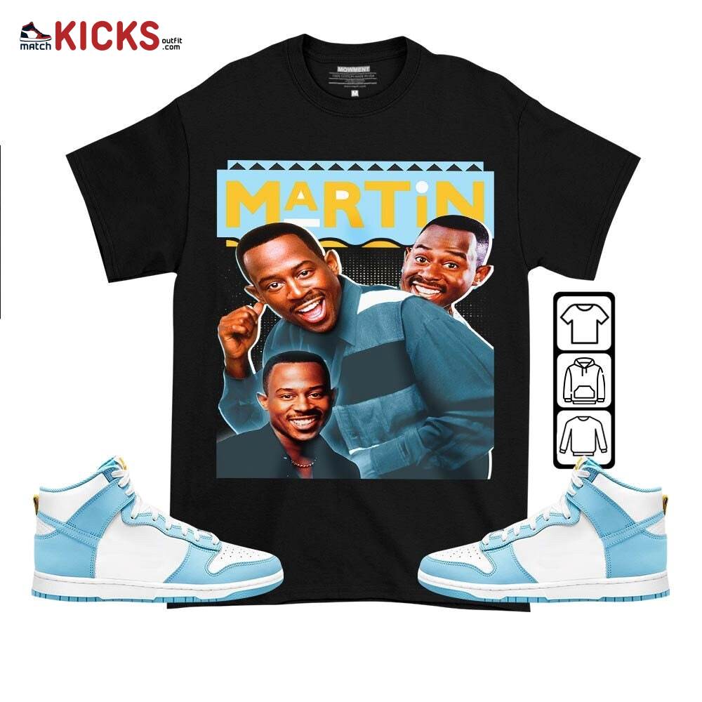 Martin TV2 Sneaker Shirt Match Dunk High Blue Chill, Dunk High Homer Simpson MKO T-Shirt