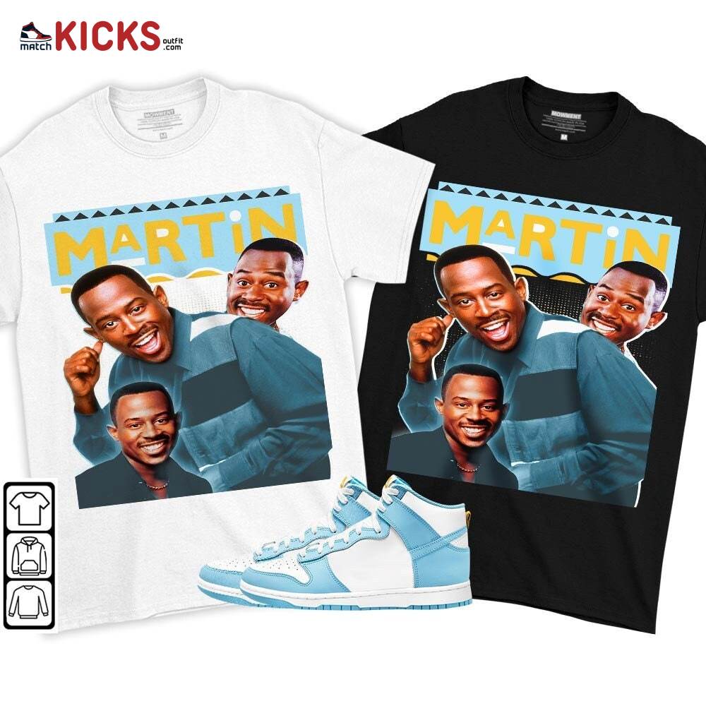 Martin TV2 Sneaker Shirt Match Dunk High Blue Chill, Dunk High Homer Simpson MKO T-Shirt