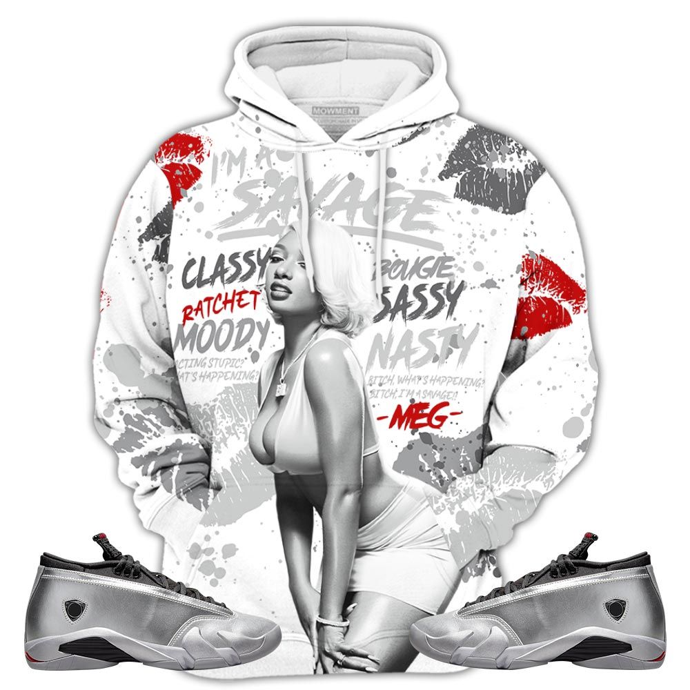 Megan Thee Stallion Sneaker Shirt Match 14 Low Metallic Silver, Jordan 14 Metallic Silver Hoodie Sweatshirt Tee All Over Print MKO Shirt