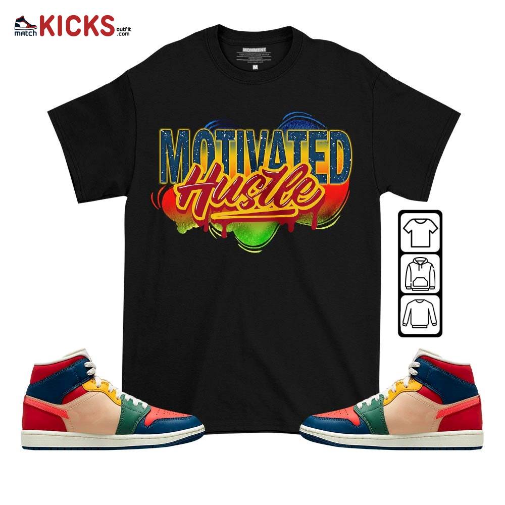 Motivatd Hustle 90s Sneaker Shirt Match Multi Color 2022 1s, Jordan 1 Mid Multi Color 2022 MKO T-Shirt