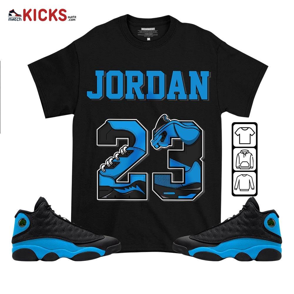 Number 23 JD Sneaker Shirt Match Black University Blue 13s, Jordan 13 Black University Blue 2022 MKO T-Shirt