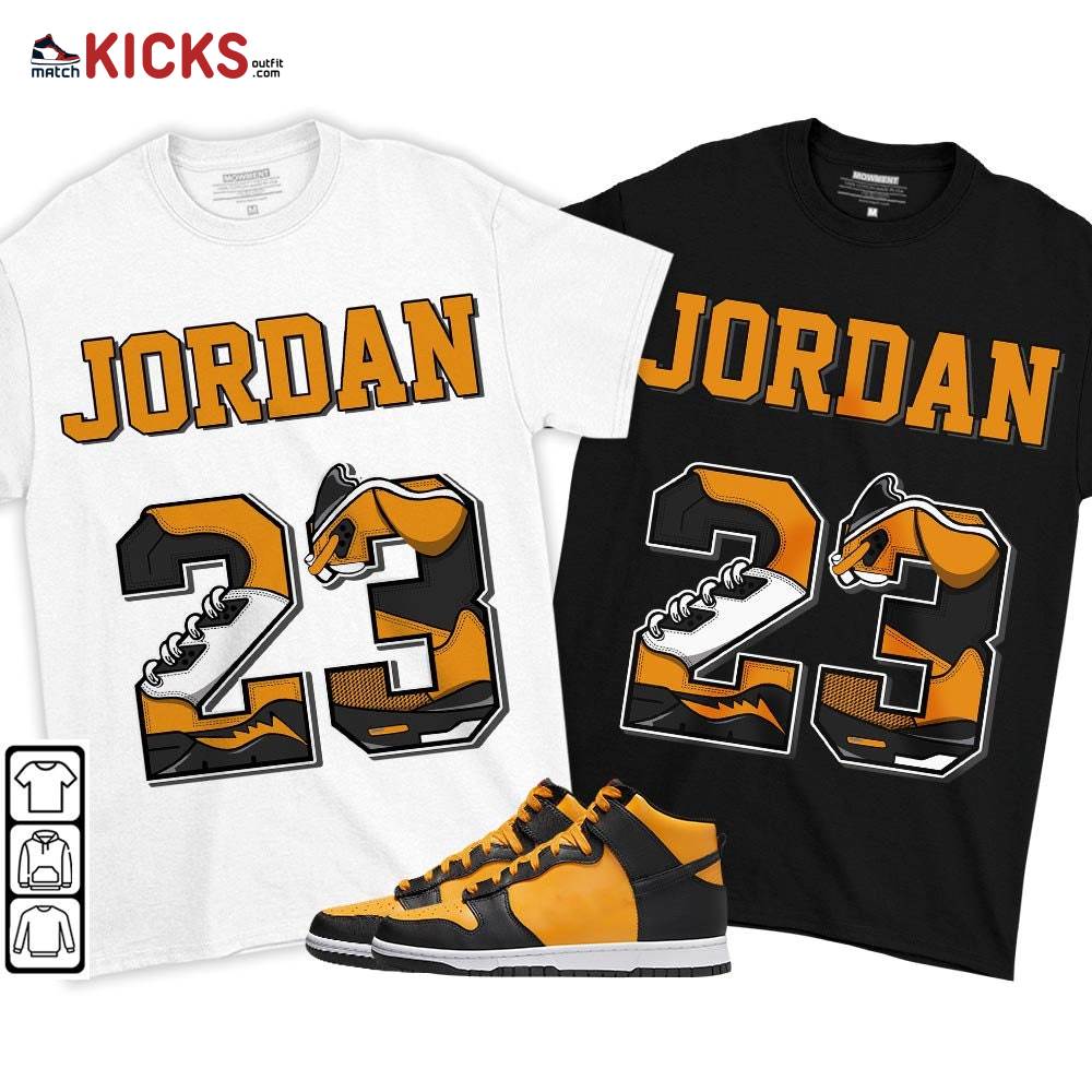 Number 23 JD Sneaker Shirt Match Dunk Reverse Goldenrod, Dunk High Bruce Lee MKO T-Shirt Number 23 JD Sneaker Shirt Match Dunk Reverse Goldenrod, Dunk High Bruce Lee MKO T-Shirt