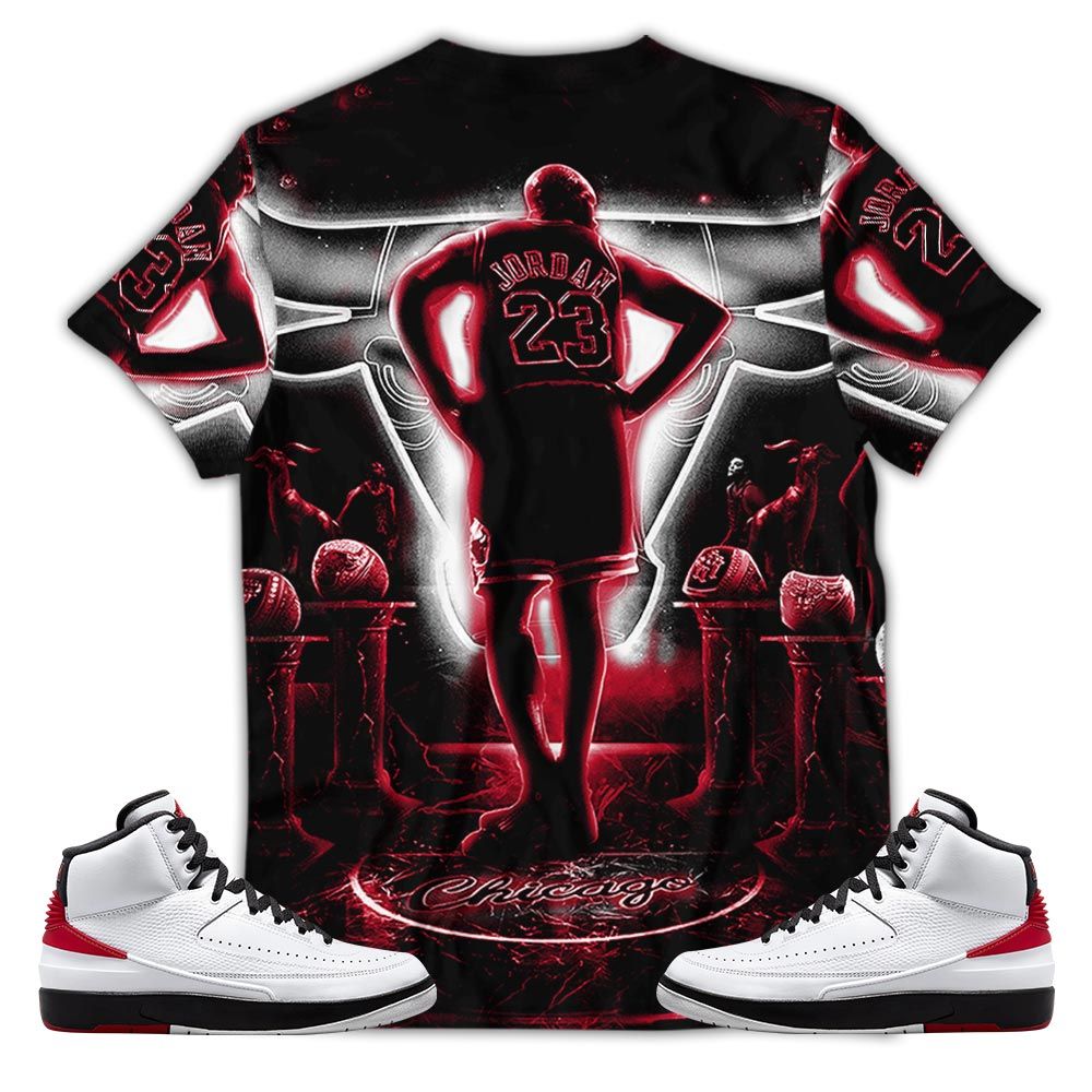 Number 23 Jordan Memories Sneaker Shirt Match 2 Chicago Varsity Red, Jordan Retro 2 Chicago Hoodie Sweatshirt Tee All Over Print MKO Shirt