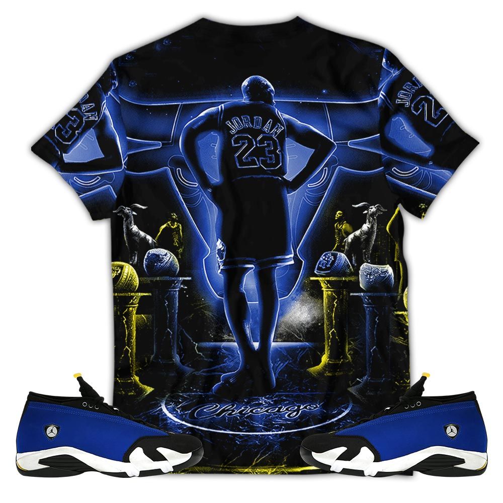 Number 23 Jordan Memories Sneaker Shirt Match 2023 Blue Laney 14S, Jordan 14 Laney Hoodie Sweatshirt Tee All Over Print MKO Shirt