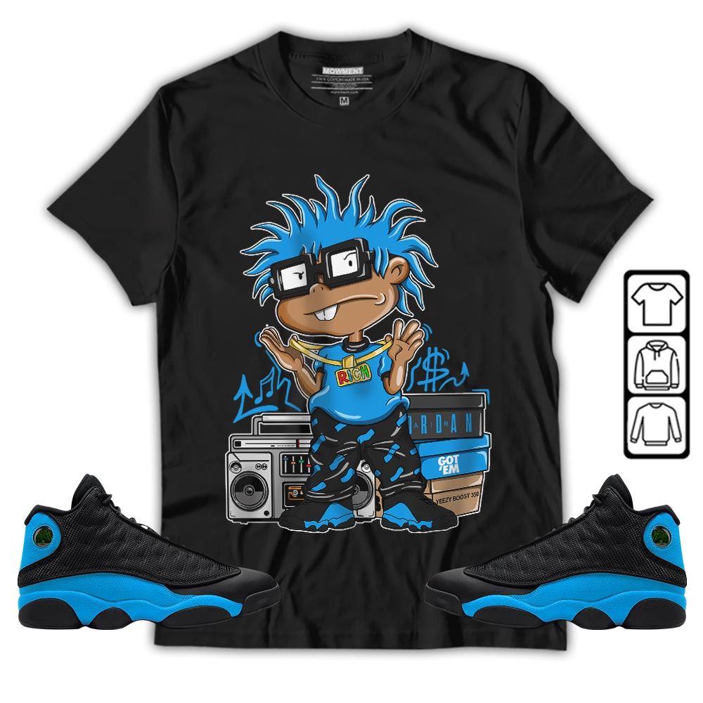 Rich Cartoon 90s Sneaker Shirt Match Black University Blue 13s, Jordan 13 Black University Blue 2022 MKO T-Shirt Rich Cartoon 90s Sneaker Shirt Match Black University Blue 13s, Jordan 13 Black University Blue 2022 MKO T-Shirt
