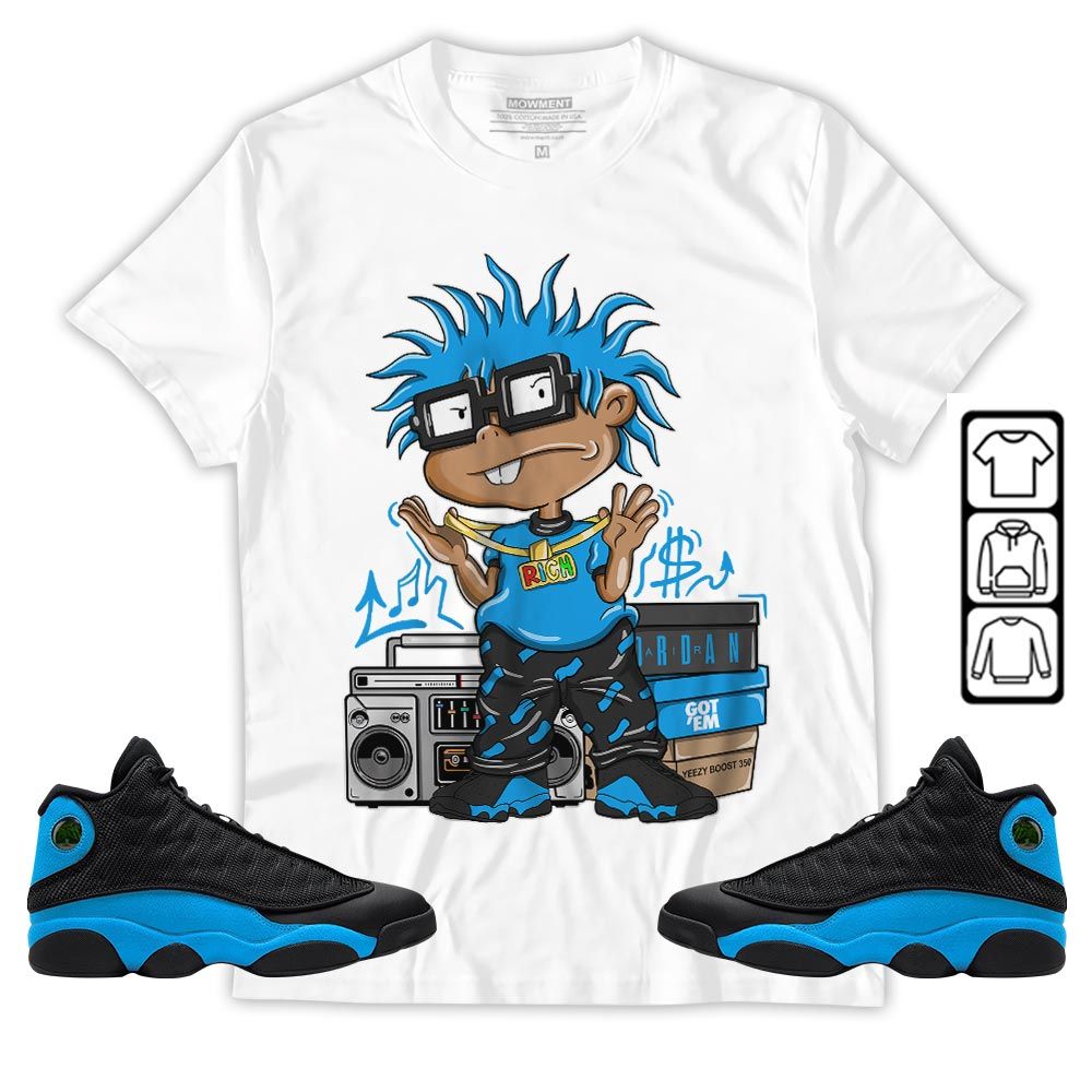 Rich Cartoon 90s Sneaker Shirt Match Black University Blue 13s, Jordan 13 Black University Blue 2022 MKO T-Shirt
