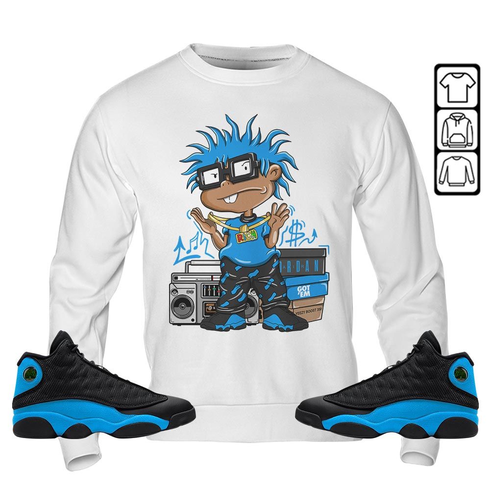Rich Cartoon 90s Sneaker Shirt Match Black University Blue 13s, Jordan 13 Black University Blue 2022 MKO T-Shirt Rich Cartoon 90s Sneaker Shirt Match Black University Blue 13s, Jordan 13 Black University Blue 2022 MKO T-Shirt