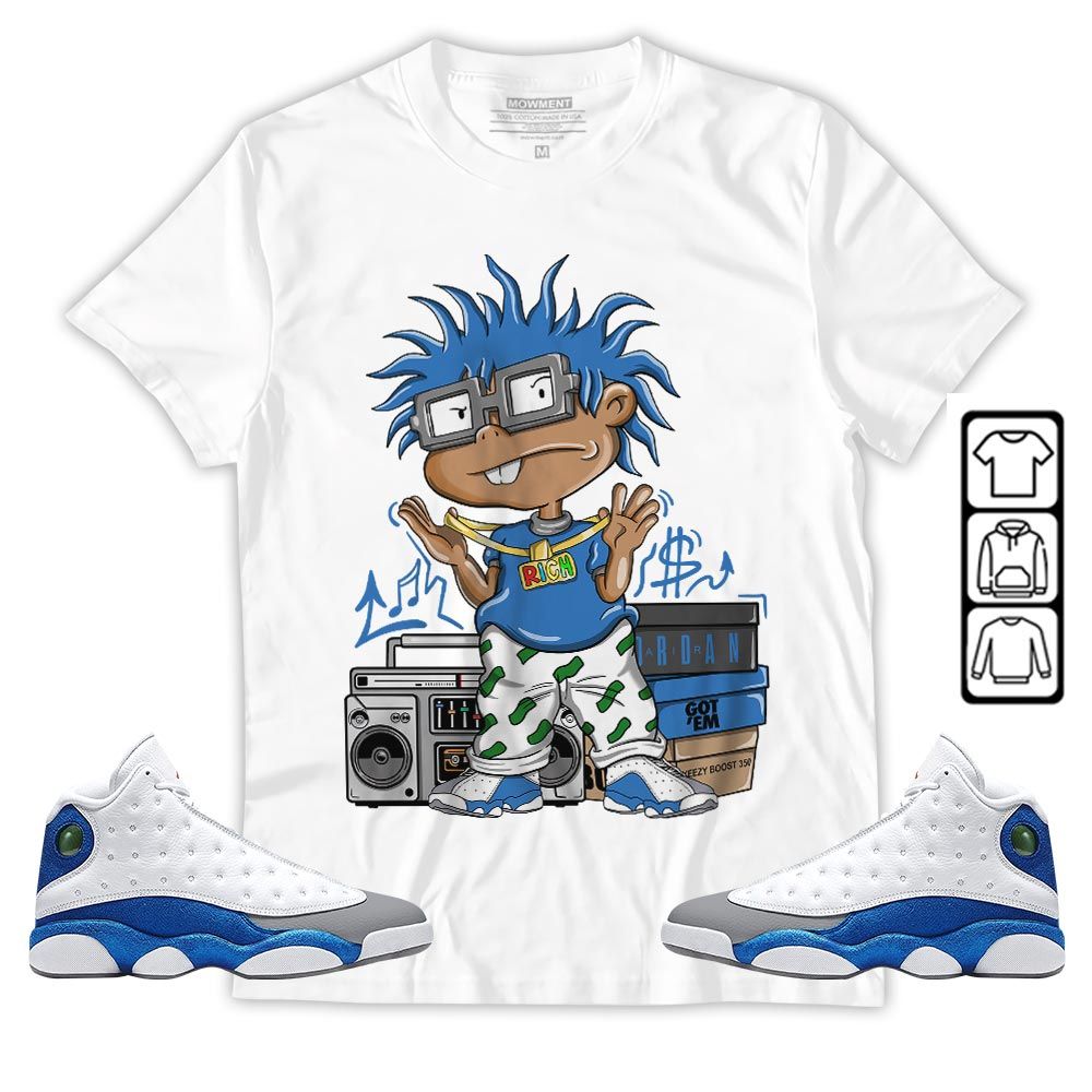 Rich Cartoon 90s Sneaker Shirt Match French Blue 13s, Jordan 13 French Blue MKO T-Shirt Rich Cartoon 90s Sneaker Shirt Match French Blue 13s, Jordan 13 French Blue MKO T-Shirt