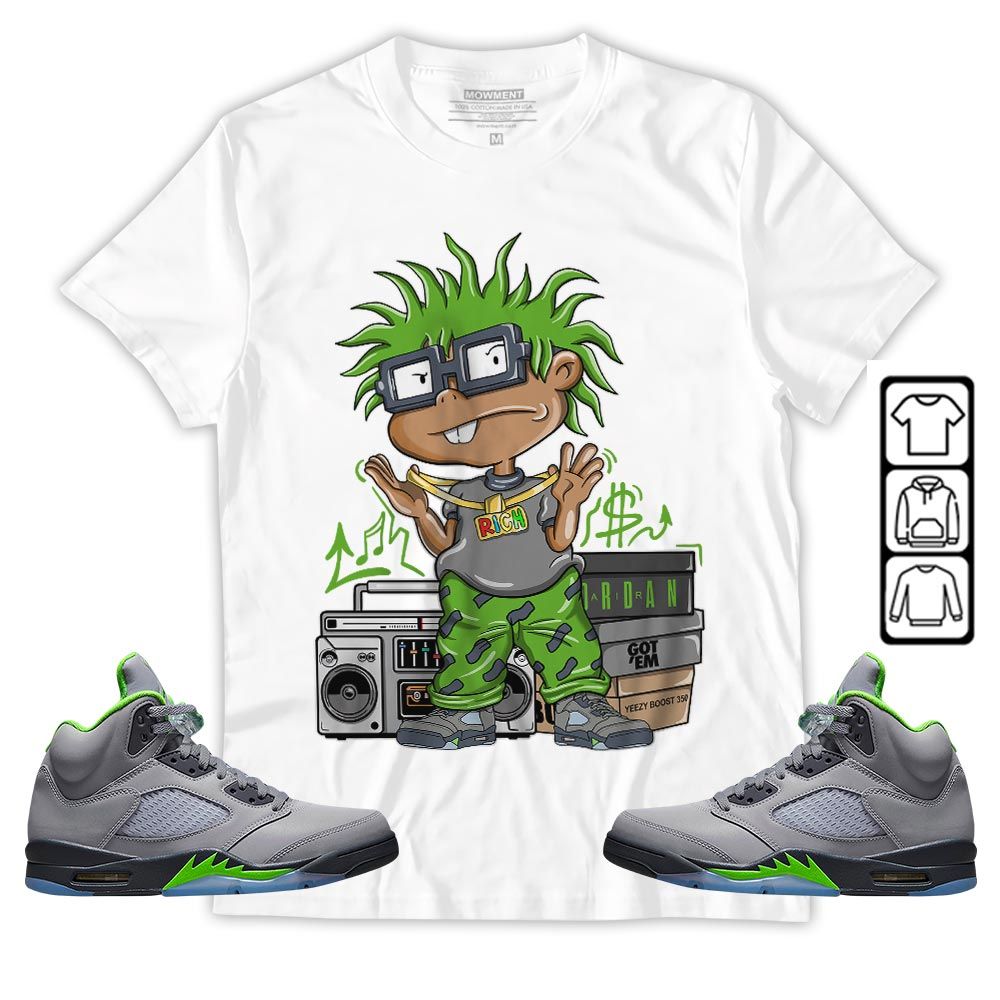 Rich Cartoon 90s Sneaker Shirt Match Green Bean 5s, Jordan 5 Retro Green Bean MKO Sweatshirt