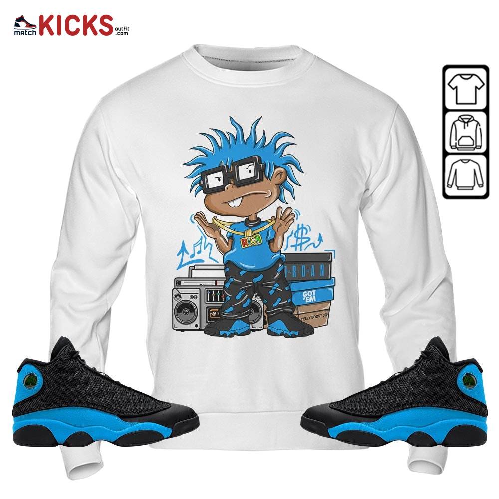 Rich Chuckie Sneaker Shirt Match Black University Blue 13s, Jordan 13 Black University Blue 2022 MKO Sweatshirt