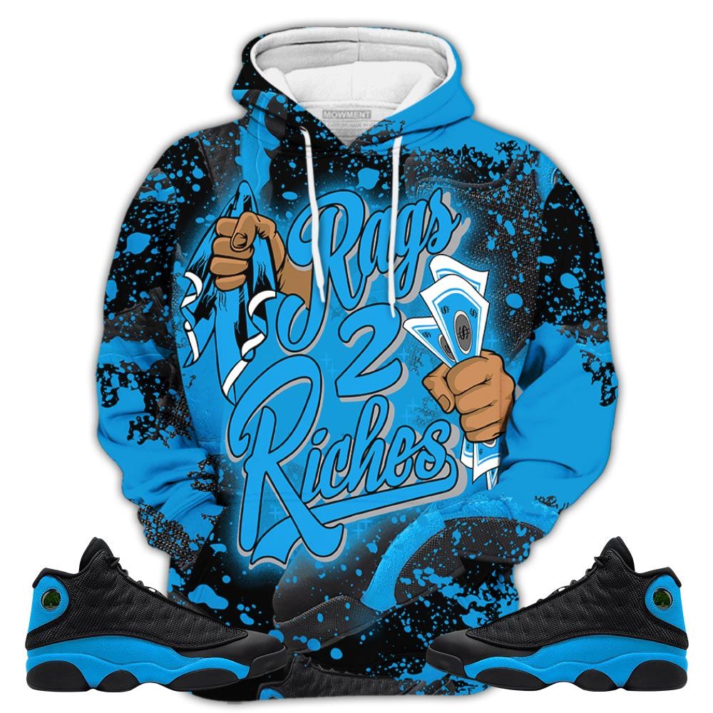 Sauce Rag 2 Riches Sneaker Shirt Match Black University Blue 13S, Jordan 13 Black University Blue 2022 Hoodie Sweatshirt Tee All Over Print MKO Shirt