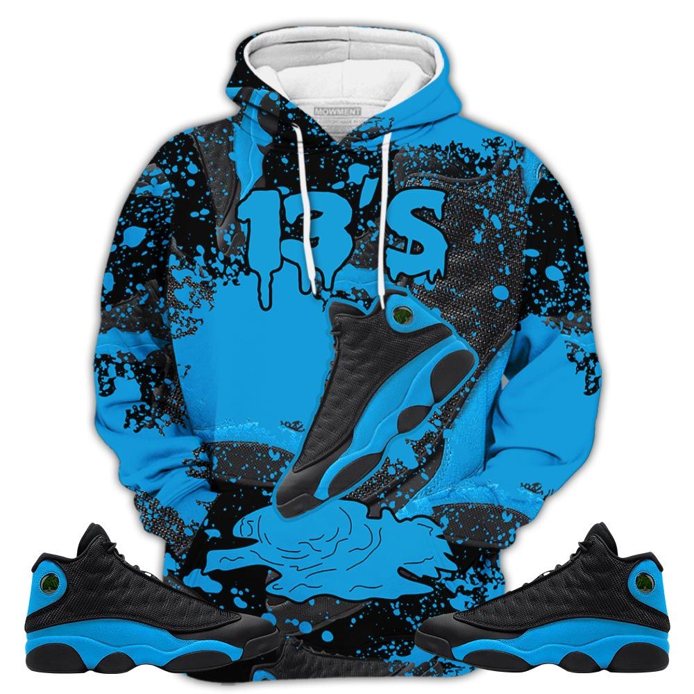 Sauce Shoes Dripping Sneaker Shirt Match Black University Blue 13S, Jordan 13 Black University Blue 2022 Hoodie Sweatshirt Tee All Over Print MKO Shirt