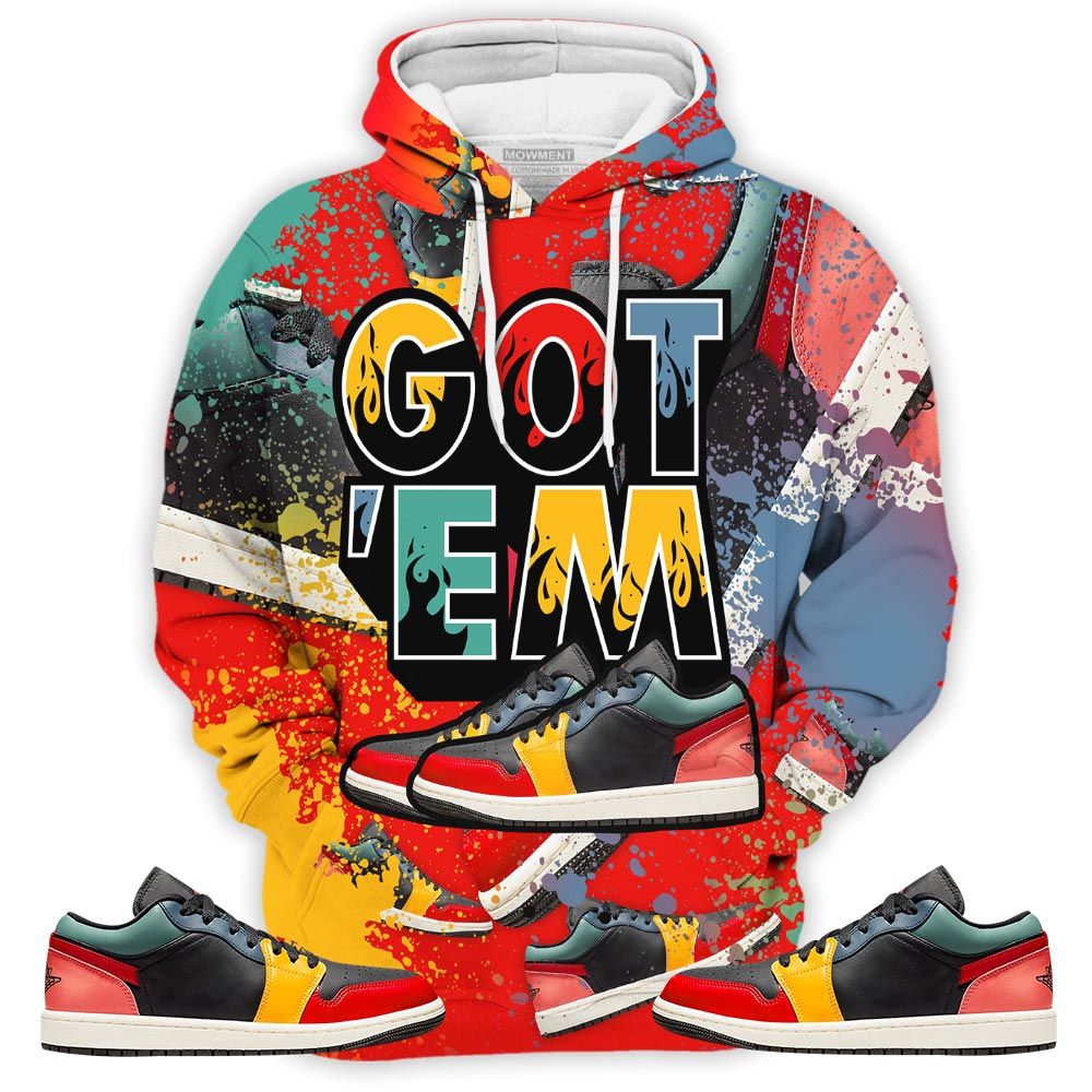 Shoes Got Em Drip Sneaker Shirt Match 1 Se Black Multi Color, Jordan 1 Low Black Fire Red Taxi Hoodie Sweatshirt Tee All Over Print MKO Shirt
