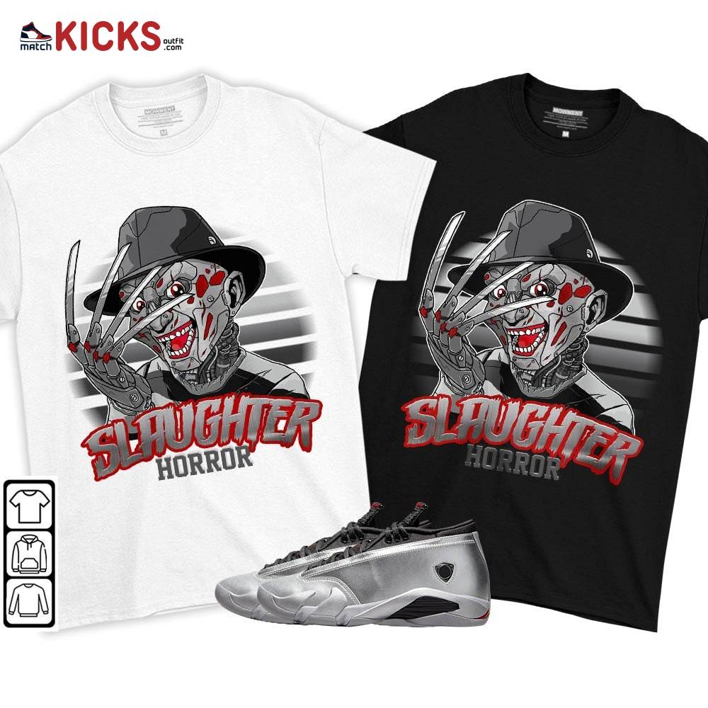 Slaughter Horror Sneaker Shirt Match 14 Low Metallic Silver, Jordan 14 Metallic Silver MKO T-Shirt