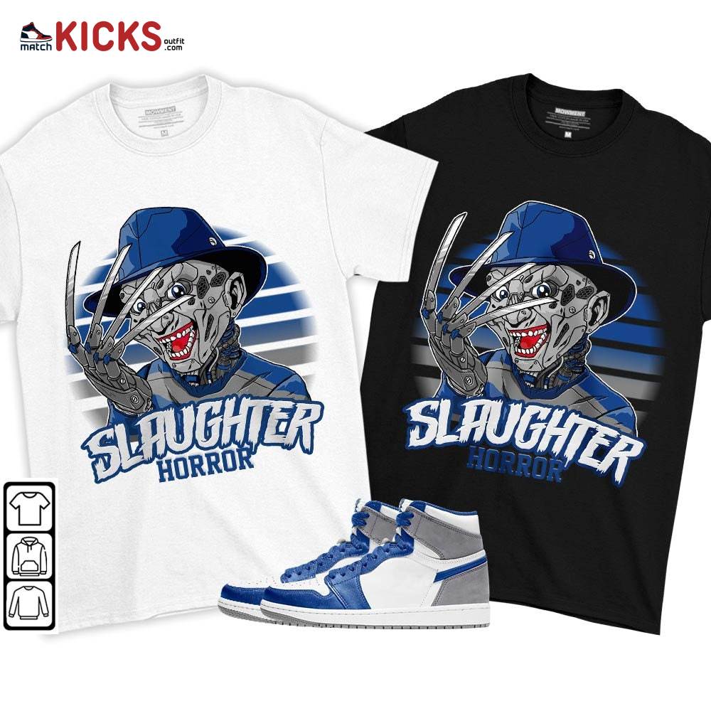 Slaughter Horror Sneaker Shirt Match True Blue 1s, Jordan 1 High OG True Blue MKO T-Shirt Slaughter Horror Sneaker Shirt Match True Blue 1s, Jordan 1 High OG True Blue MKO T-Shirt