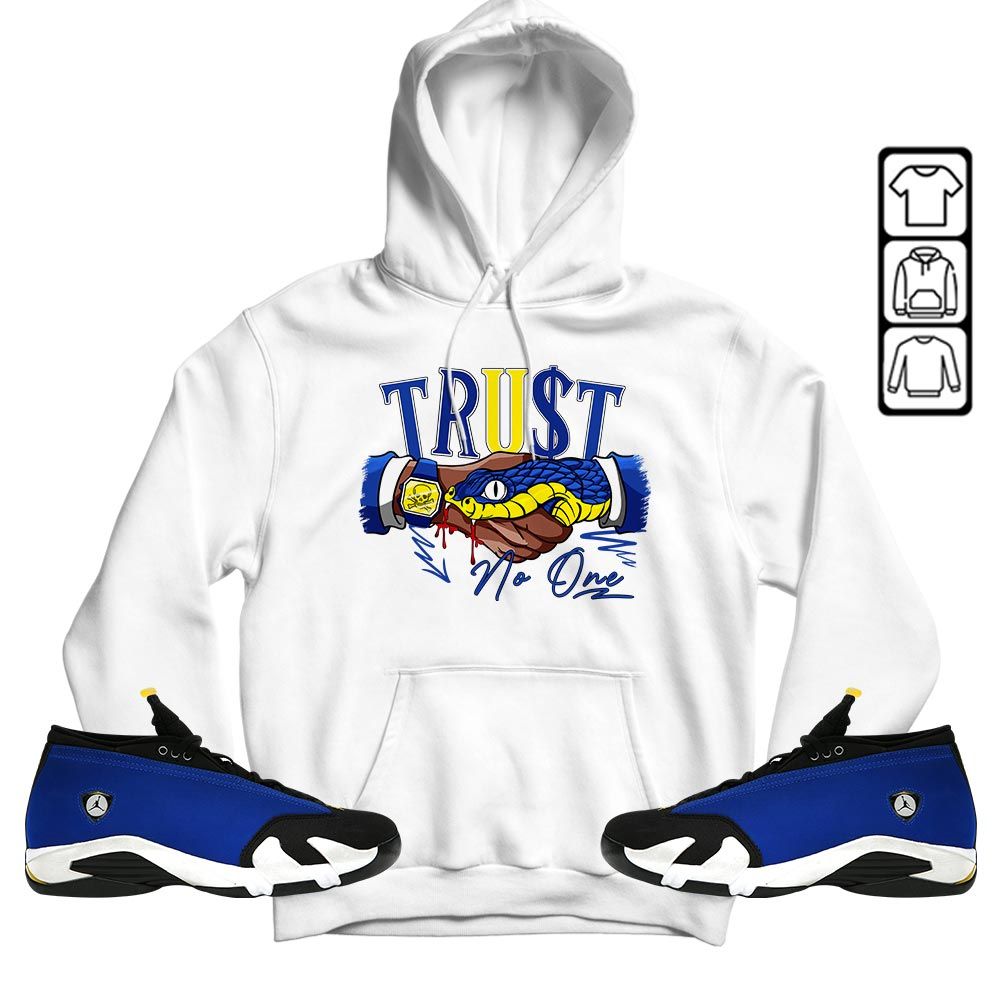 Snake Trust No One Sneaker Shirt Match 2023 Blue Laney 14s, Jordan 14 Laney MKO T-Shirt Snake Trust No One Sneaker Shirt Match 2023 Blue Laney 14s, Jordan 14 Laney MKO T-Shirt