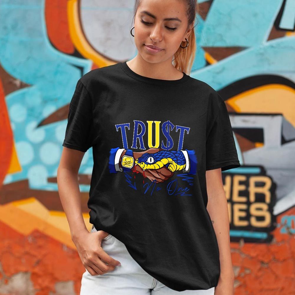Snake Trust No One Sneaker Shirt Match 2023 Blue Laney 14s, Jordan 14 Laney MKO T-Shirt Snake Trust No One Sneaker Shirt Match 2023 Blue Laney 14s, Jordan 14 Laney MKO T-Shirt