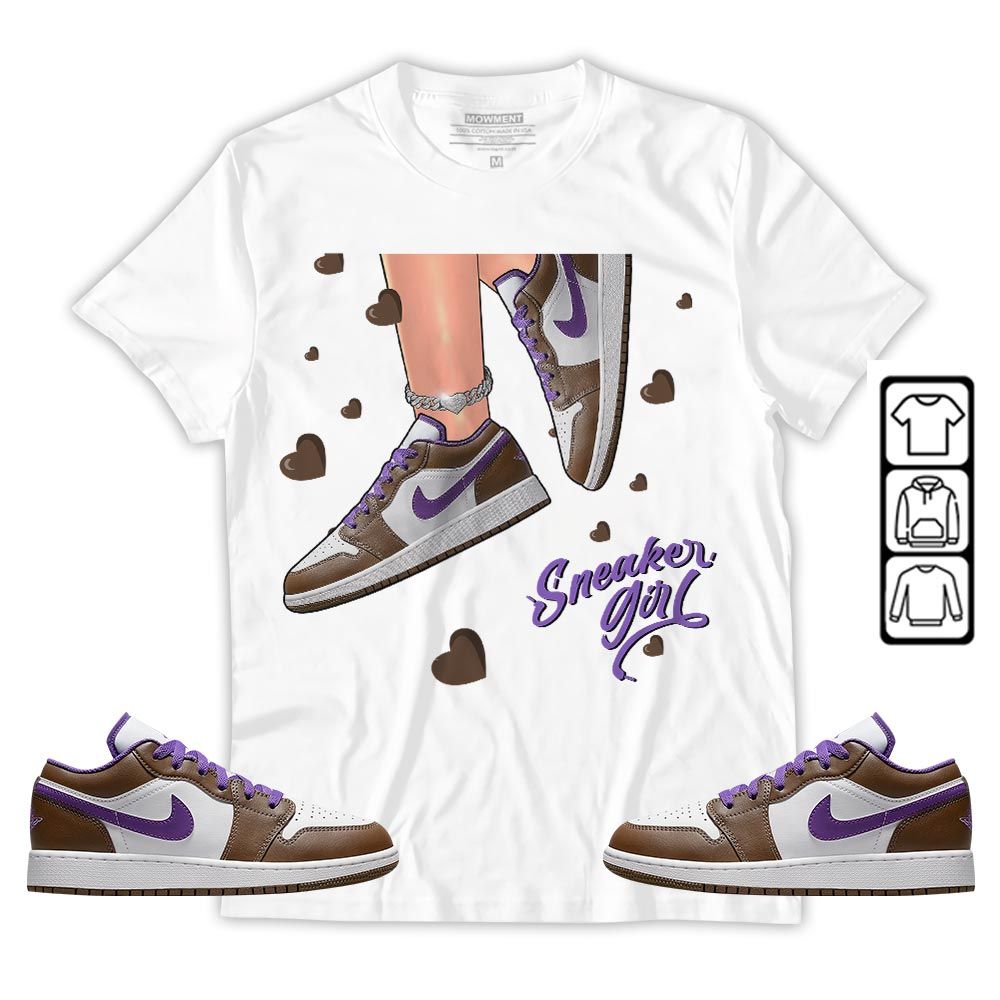 SNEAKER Girl Heart Sneaker Shirt Match Purple Mocha 1s, Jordan 1 Low Purple Mocha MKO T-Shirt SNEAKER Girl Heart Sneaker Shirt Match Purple Mocha 1s, Jordan 1 Low Purple Mocha MKO T-Shirt