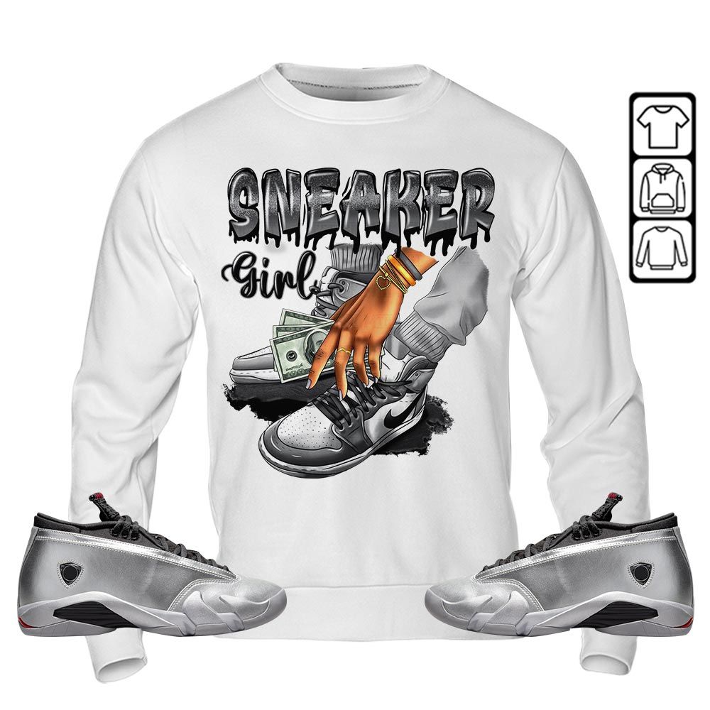 SNEAKER Girl Money Drip Sneaker Shirt Match 14 Low Metallic Silver, Jordan 14 Metallic Silver MKO T-Shirt SNEAKER Girl Money Drip Sneaker Shirt Match 14 Low Metallic Silver, Jordan 14 Metallic Silver MKO T-Shirt