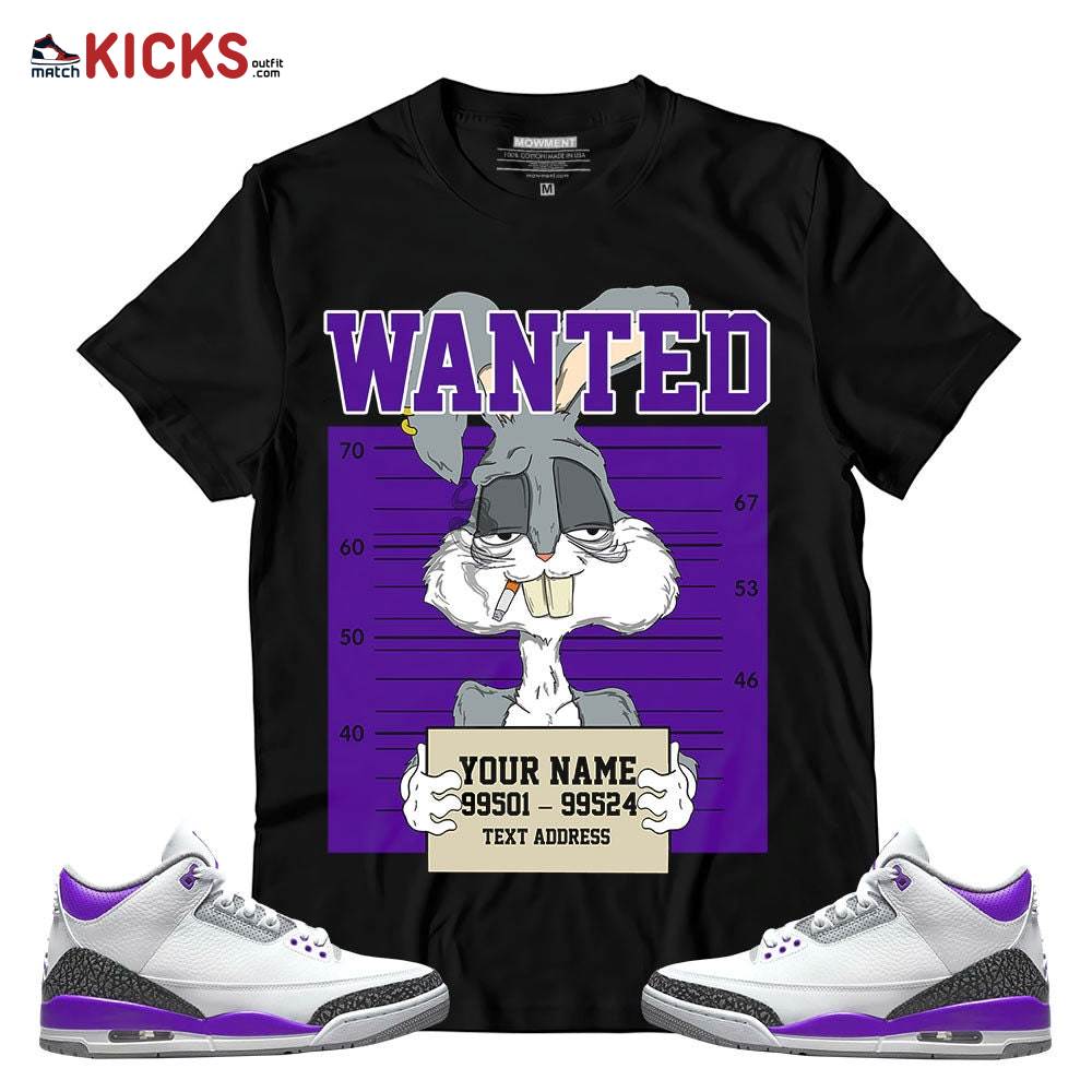 Sneaker Shirt Match Jordan 3 Retro Dark Iris – Custom Text Bad Bunny Wanted – Retro Dark Iris 3s MKO T-Shirt