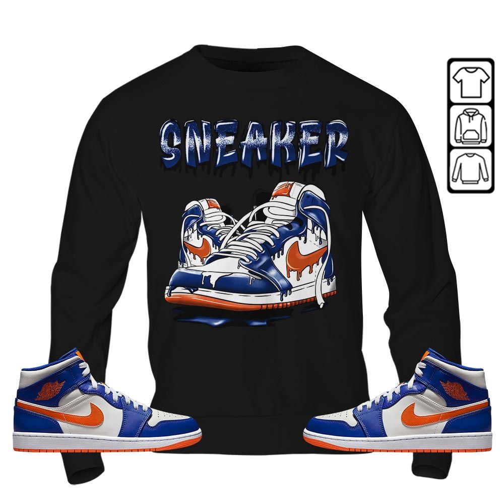 SNKR Shoe Dripping Sneaker Shirt Match Mid Knicks 1s, Jordan 1 Mid Knicks MKO T-Shirt SNKR Shoe Dripping Sneaker Shirt Match Mid Knicks 1s, Jordan 1 Mid Knicks MKO T-Shirt