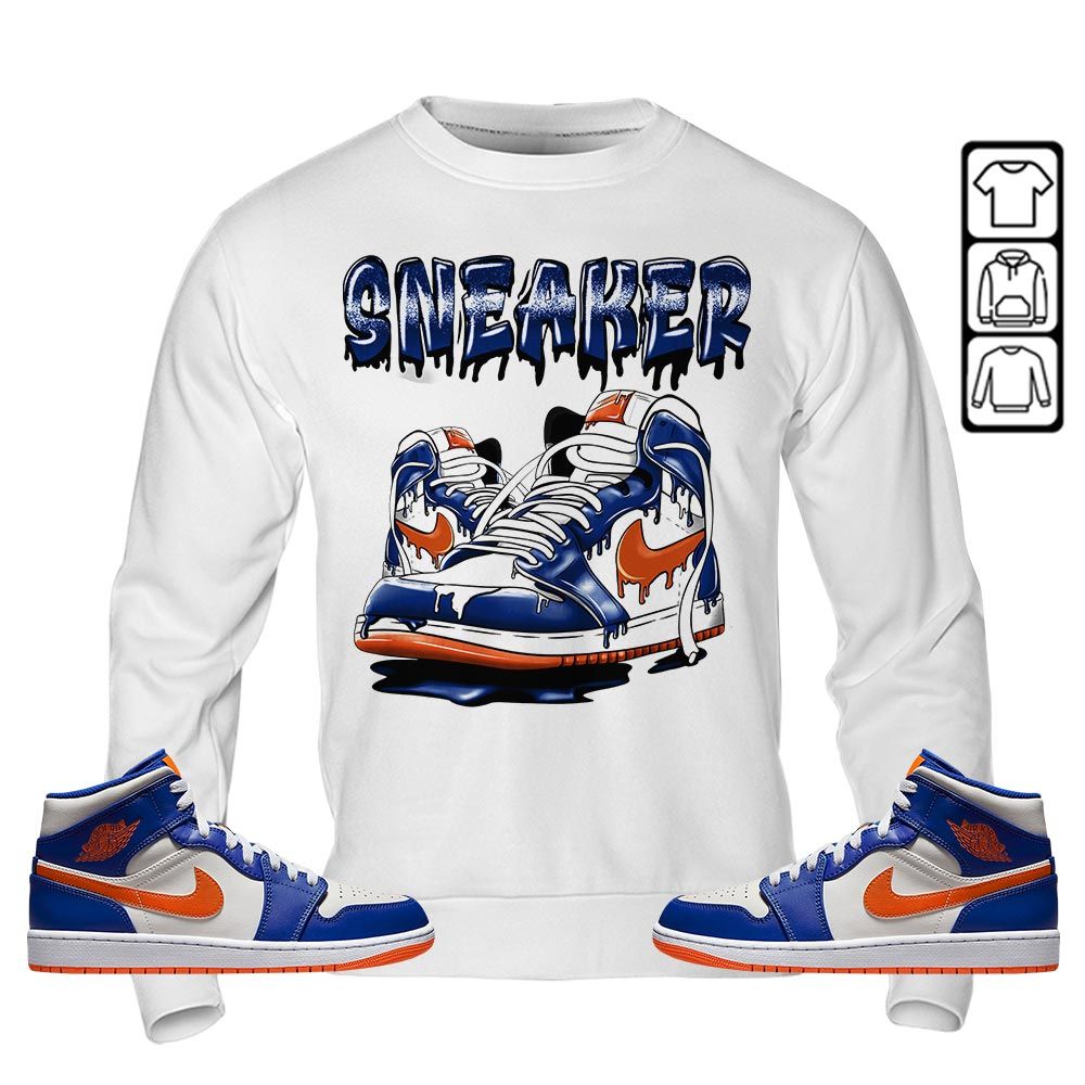 SNKR Shoe Dripping Sneaker Shirt Match Mid Knicks 1s, Jordan 1 Mid Knicks MKO T-Shirt SNKR Shoe Dripping Sneaker Shirt Match Mid Knicks 1s, Jordan 1 Mid Knicks MKO T-Shirt